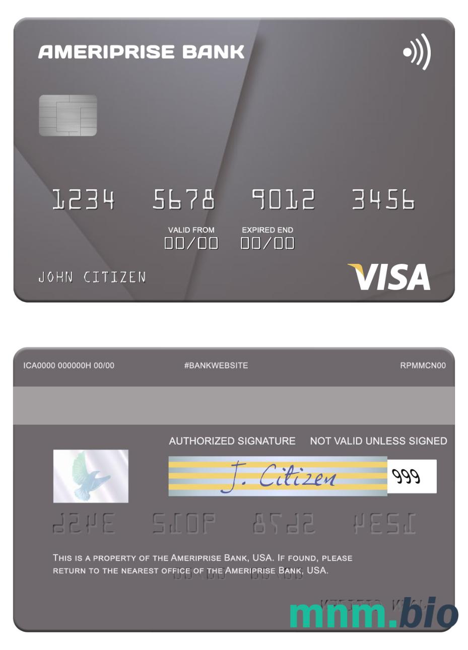 USA Ameriprise Bank przykład karty visa w formacie PSD